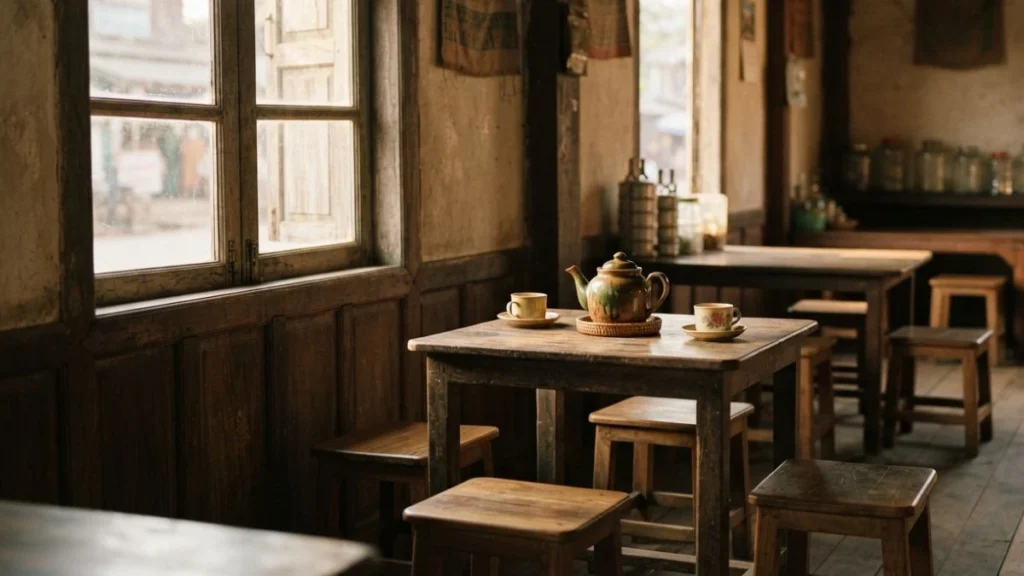 Ana burmese word: a quiet teahouse interior reflecting understated Burmese hospitality