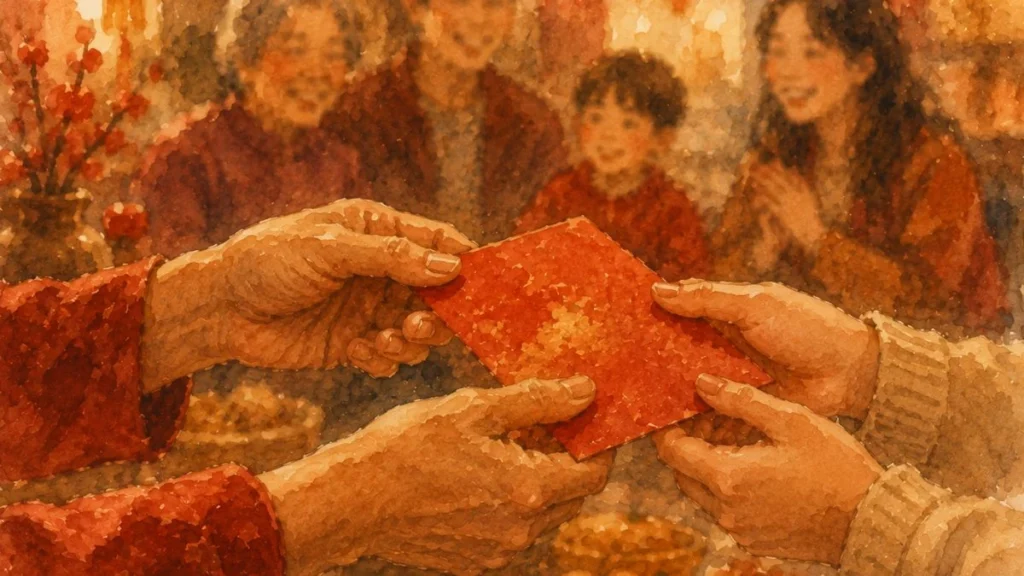 Watercolor illustration of a red angpao envelope being exchanged between family members