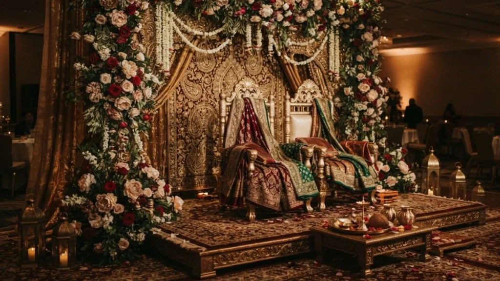 Bersanding malay wedding: an ornately decorated ceremonial dais for the sitting-in-state ritual