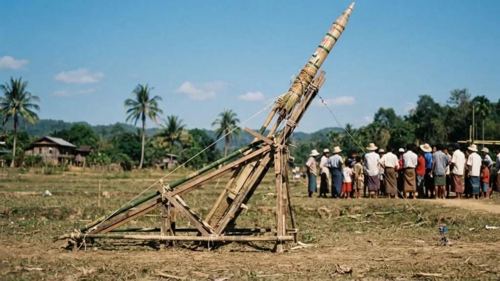 Boun Bang Fai rocket festival: a homemade rocket positioned on a launch ramp in rural Laos