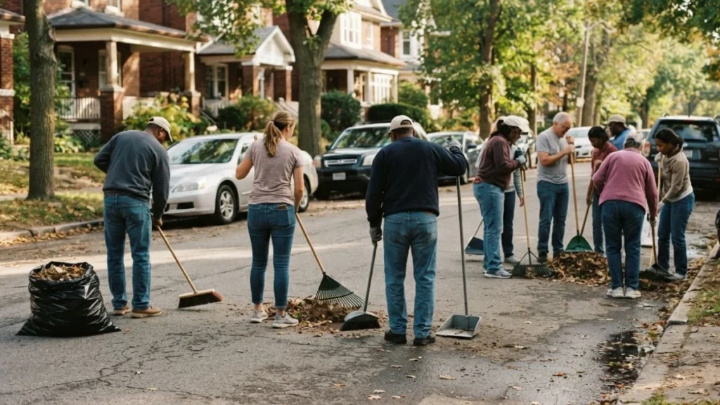 Gotong royong: neighbors participating in a communal neighborhood cleanup