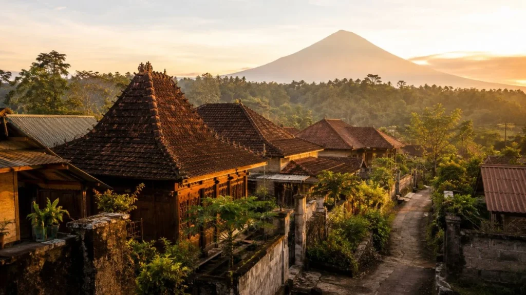 Indonesian culture and language: a traditional Javanese village scene at golden hour