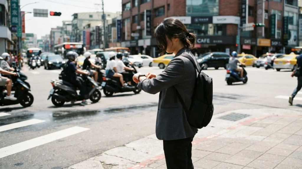 Jam karet: a young professional checking the time while waiting amid urban traffic