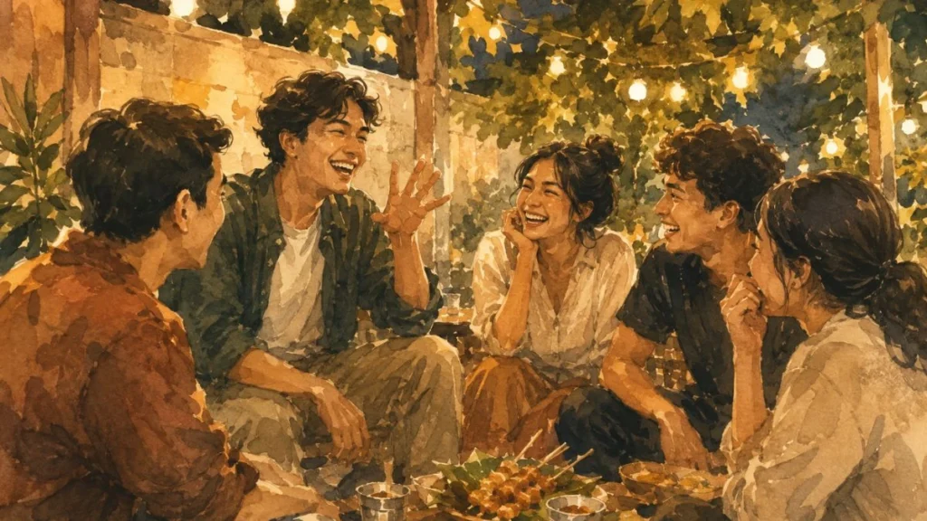 Watercolor illustration of friends laughing together, representing the Indonesian concept of jayus