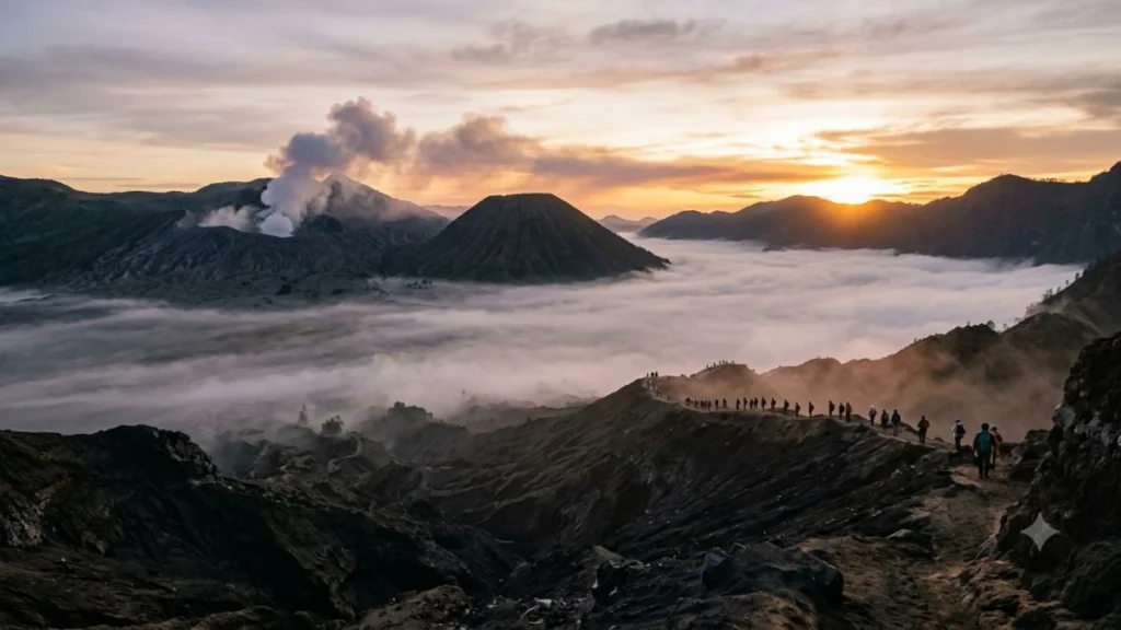 Kasada festival: the misty crater of Mount Bromo at sunrise during the Tenggerese offering ritual