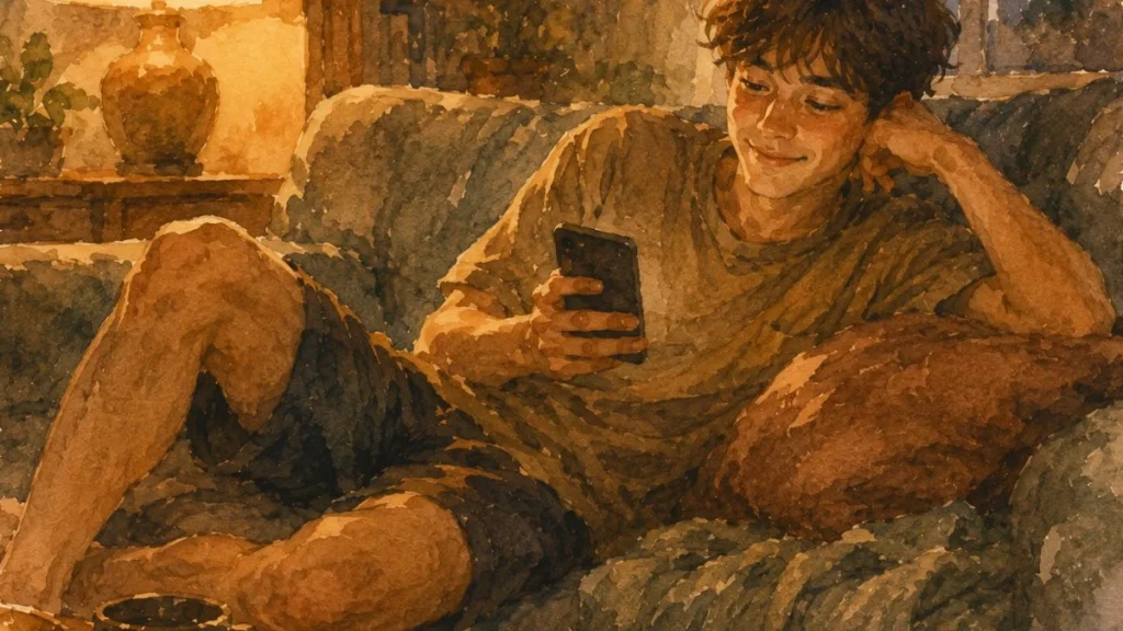 Watercolor illustration of a person lounging lazily on a couch, representing the Indonesian slang word mager
