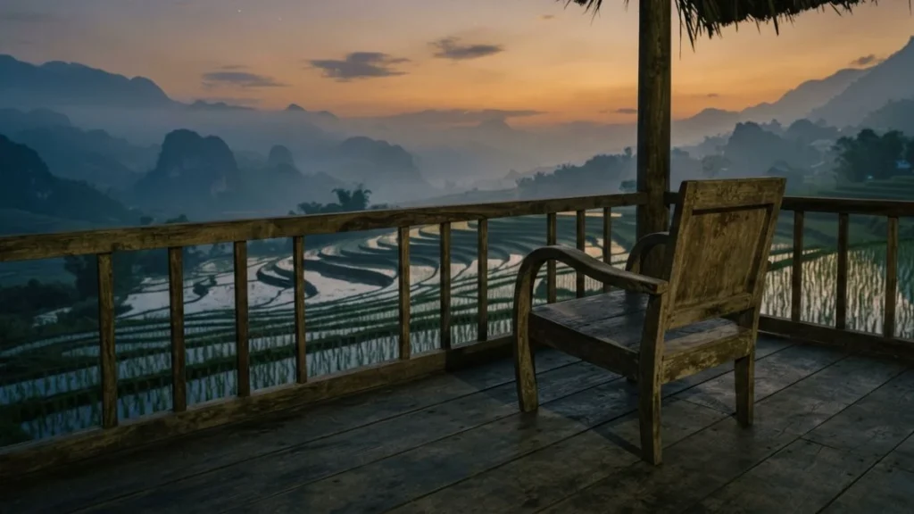 Nho vietnamese word: a quiet porch overlooking rice paddies at dusk, evoking longing