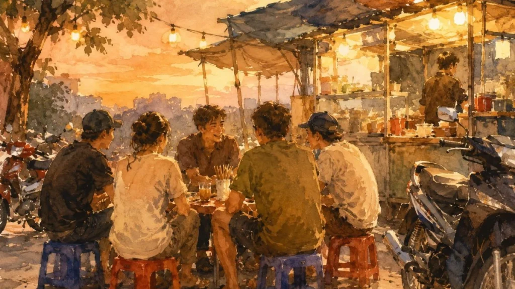 Watercolor illustration of friends nongkrong at a roadside food stall in the evening