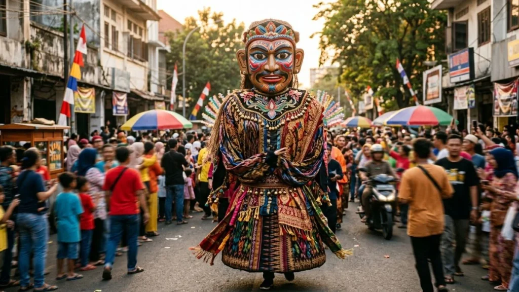 Ondel-ondel: a giant traditional Betawi puppet paraded through a Jakarta street festival