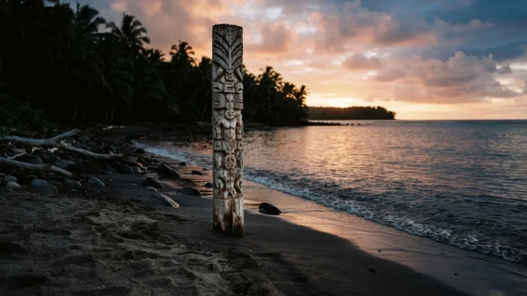 Origin of the word taboo: a traditional carved marker post on a Pacific island shoreline