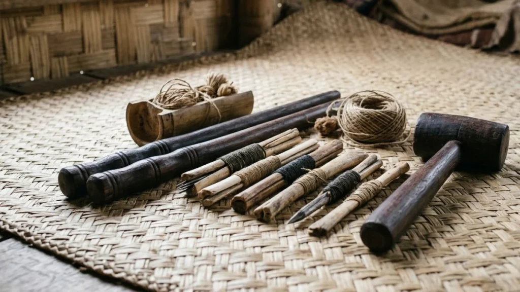 Origin of the word tattoo: traditional Polynesian tattooing tools laid on a woven mat