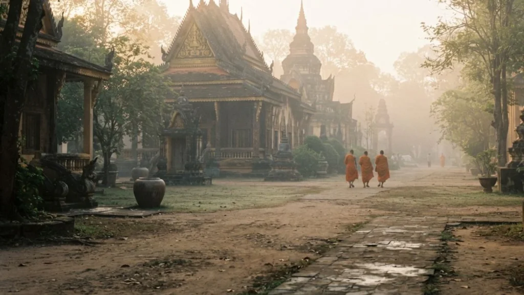Pchum Ben festival: a Cambodian pagoda courtyard at dawn during the ancestor observance