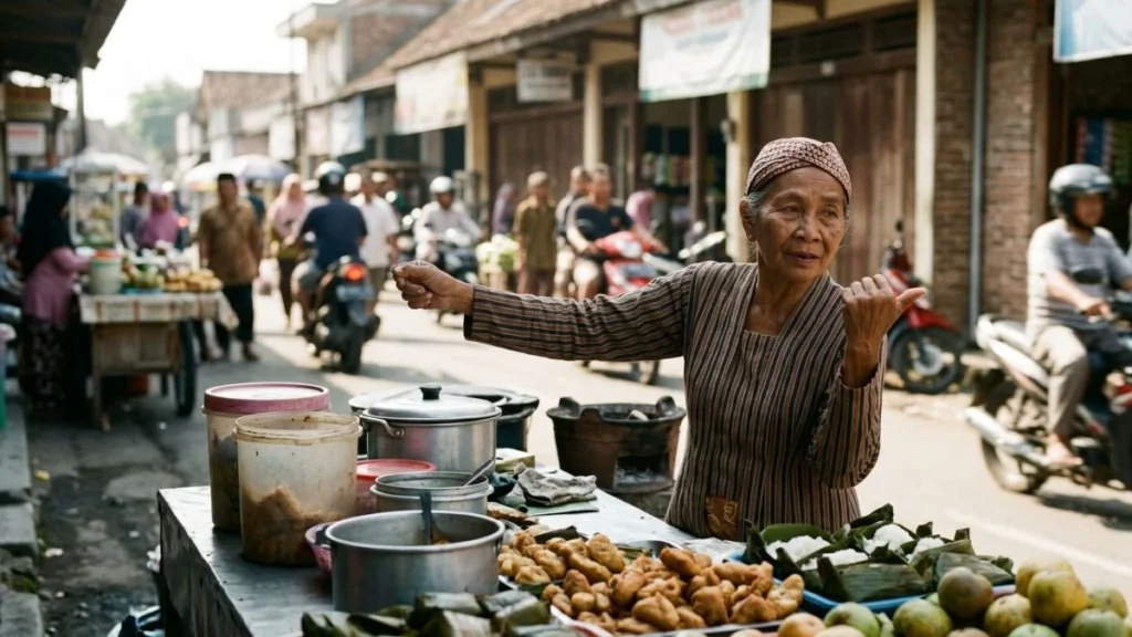 Pointing etiquette in Indonesia: a market vendor gesturing directions with a thumb