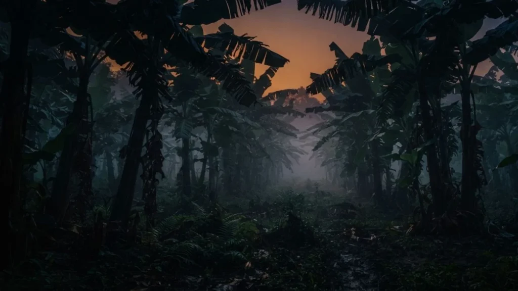 Pontianak ghost: a misty banana grove at dusk, the setting traditionally associated with the legend