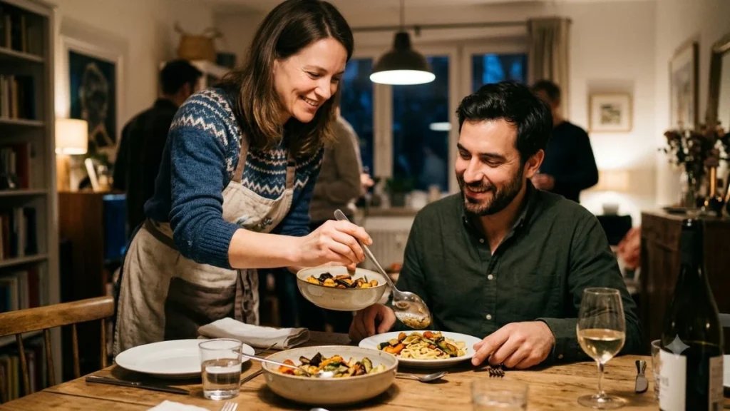Refusing food etiquette in Indonesia: a guest politely declining a second helping from a host