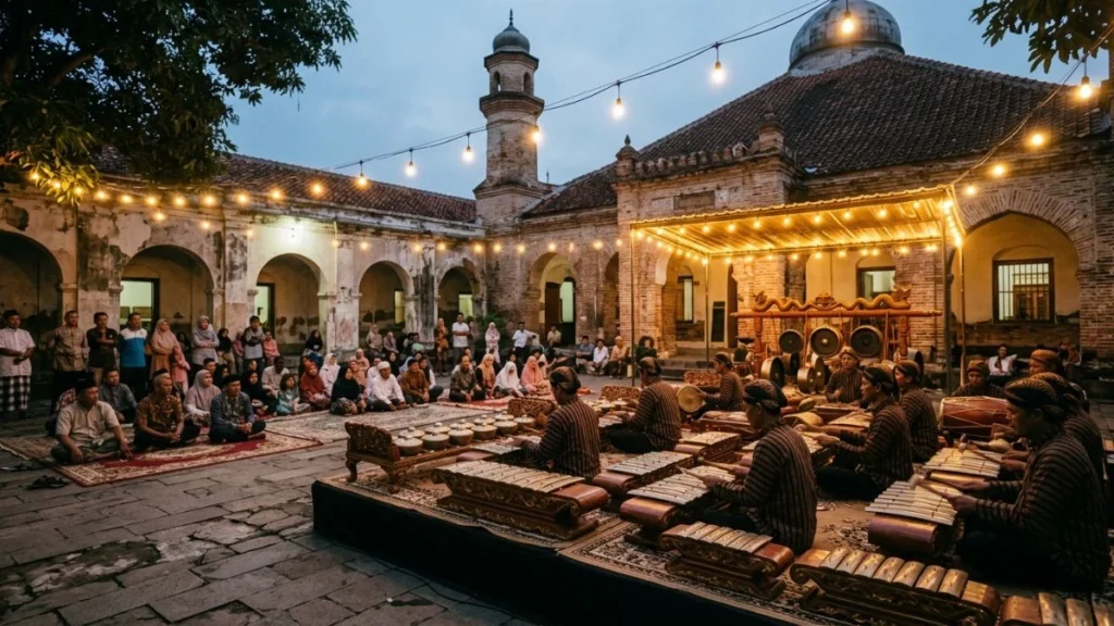 Sekaten festival: a traditional gamelan ensemble performing in a mosque courtyard