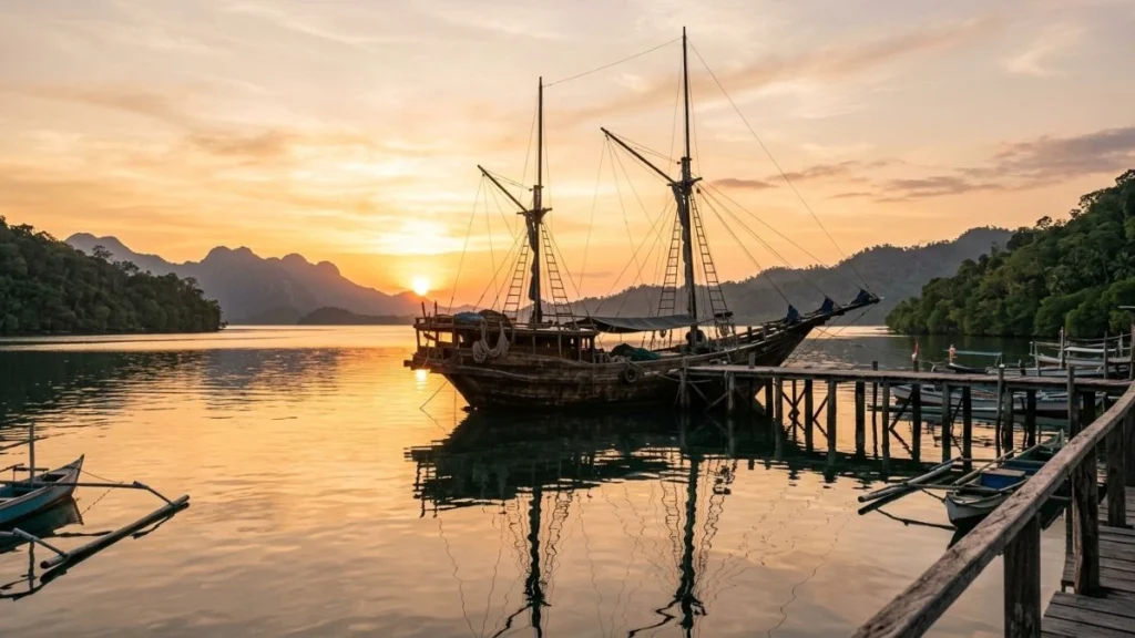 Siri Bugis honor: a traditional phinisi ship in a South Sulawesi harbor at sunset