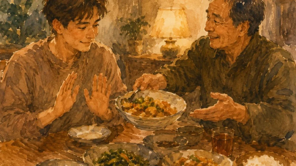 Watercolor illustration of a guest feeling sungkan while being offered food by a host