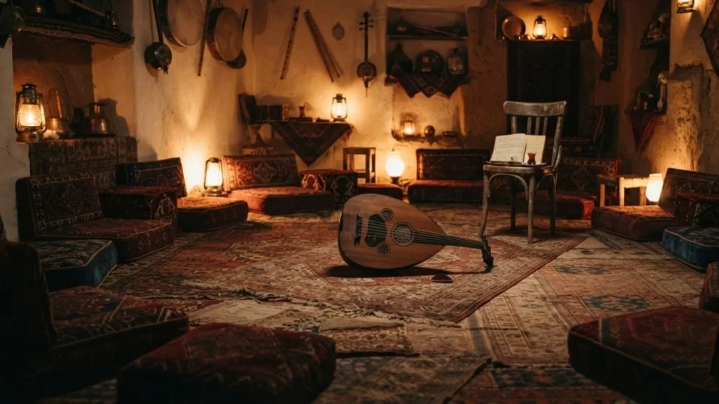Tarab arabic word: an intimate traditional music performance space with an oud