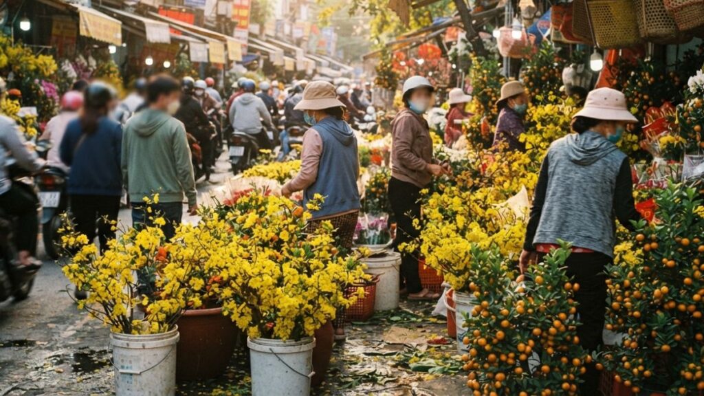 Tet Vietnamese New Year: a flower market selling traditional blossoms ahead of the holiday