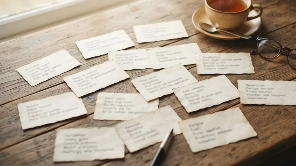 Untranslatable words from around the world: vocabulary cards scattered on a desk