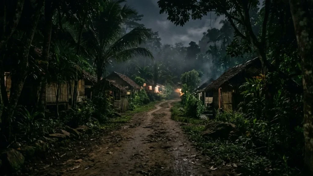 Whistling at night superstition: a quiet rural Southeast Asian village path after dark