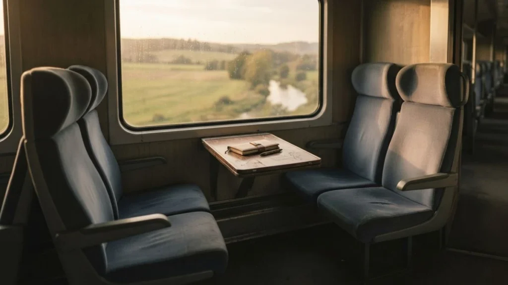 Yuanfen: two train seats bathed in light, evoking the idea of a fated chance connection
